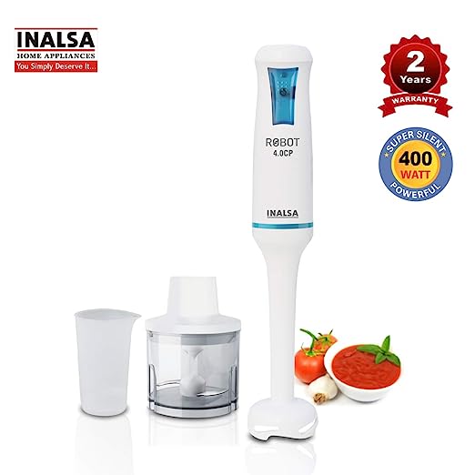 Inalsa Hand Blender Robot 4.0 CP 400-Watt Heavy Duty | 2 in 1 Hand Blender/Chopper | 2 Year Warranty| Super Silent Powerful Motor| 700 ml Break Resistant Multipurpose Jar, (White/Blue) Inalsa Hand Blender Robot 4.0 CP 400-Watt Heavy Duty | 2 in 1 Hand Blender/Chopper | 2 Year Warranty| Super Silent Powerful Motor| 700 ml Break Resistant Multipurpose Jar, (White/Blue)